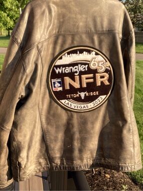 Wrangler Brown Leather Bomber Jacket with NFR 65 Patch